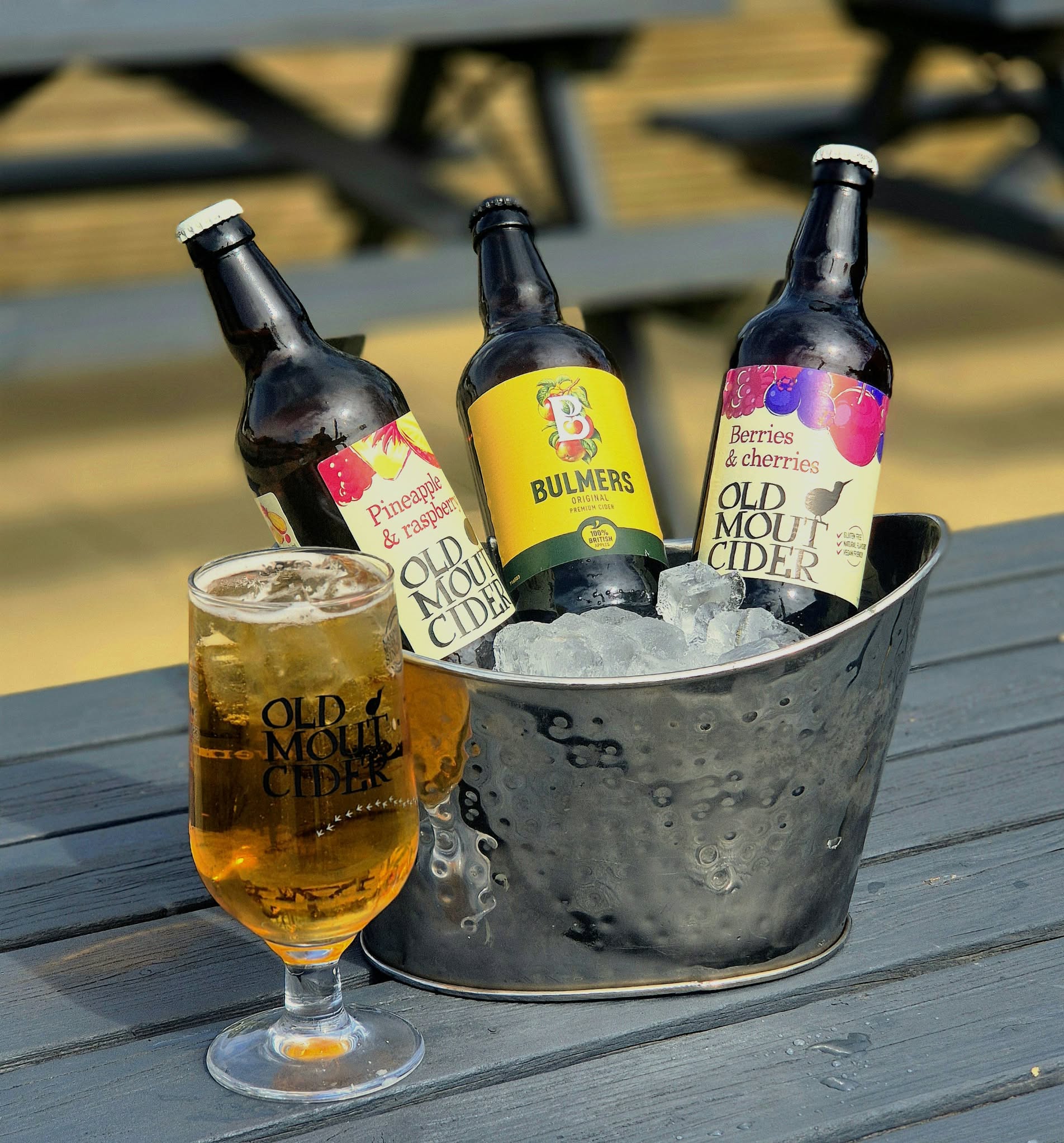 Bottled drinks chilling in an ice bucket in the Wellington Inn beer garden